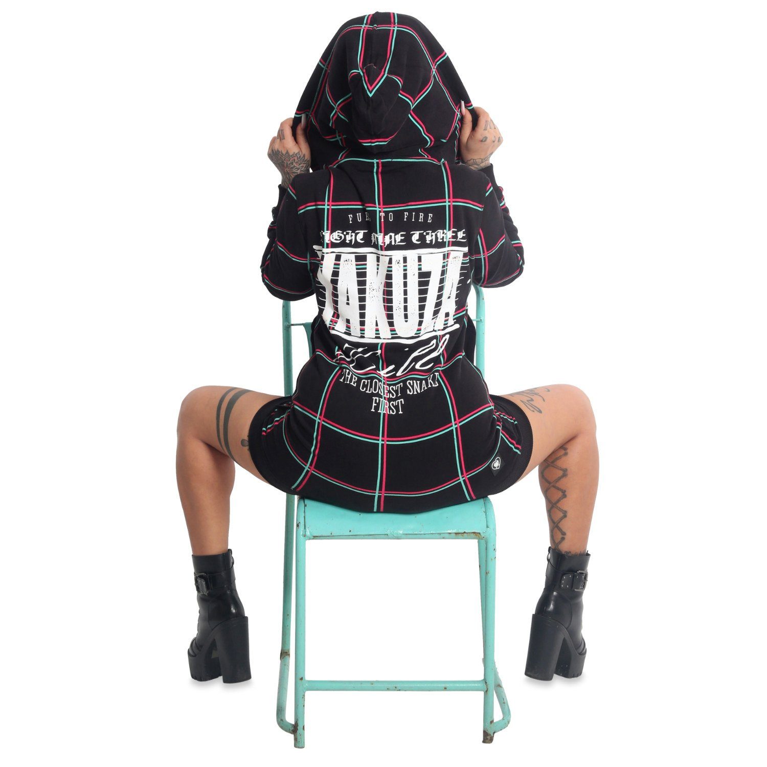 YAKUZA Kapuzensweatjacke Checkered mit extra langem Schnitt