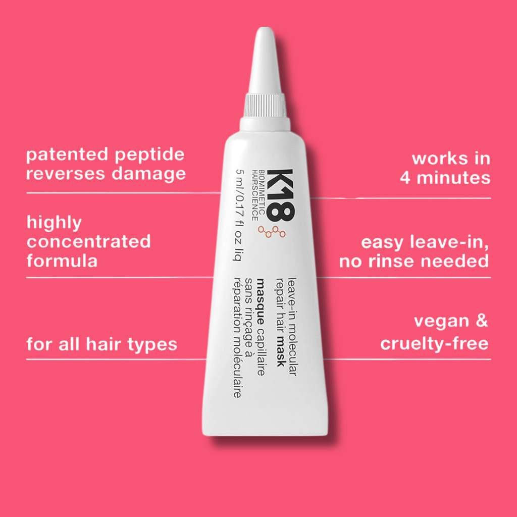 K18 Haarmaske Leave-In Molecular Repair Hair Mask 5ml – Leave-in Haarmaske für, geschädigtes Haar – intensive Haarpflege nach Hitze-Styling, Blondierung & chemischen Behandlungen, wirkt in 4 Minuten