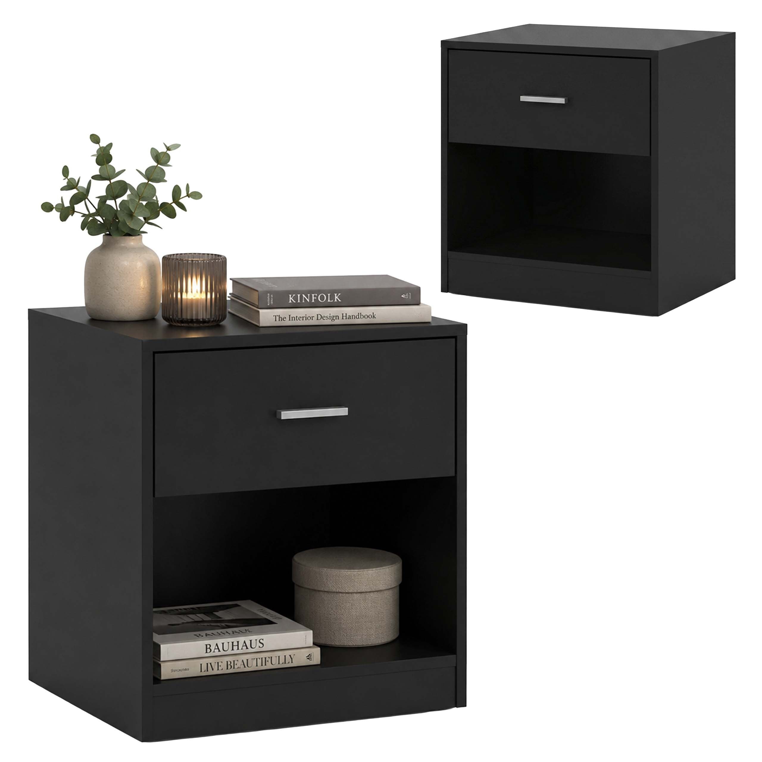 relaxdays Nachtschrank Nachttisch mit Schublade (2-St) schwarz, 2er-Pack