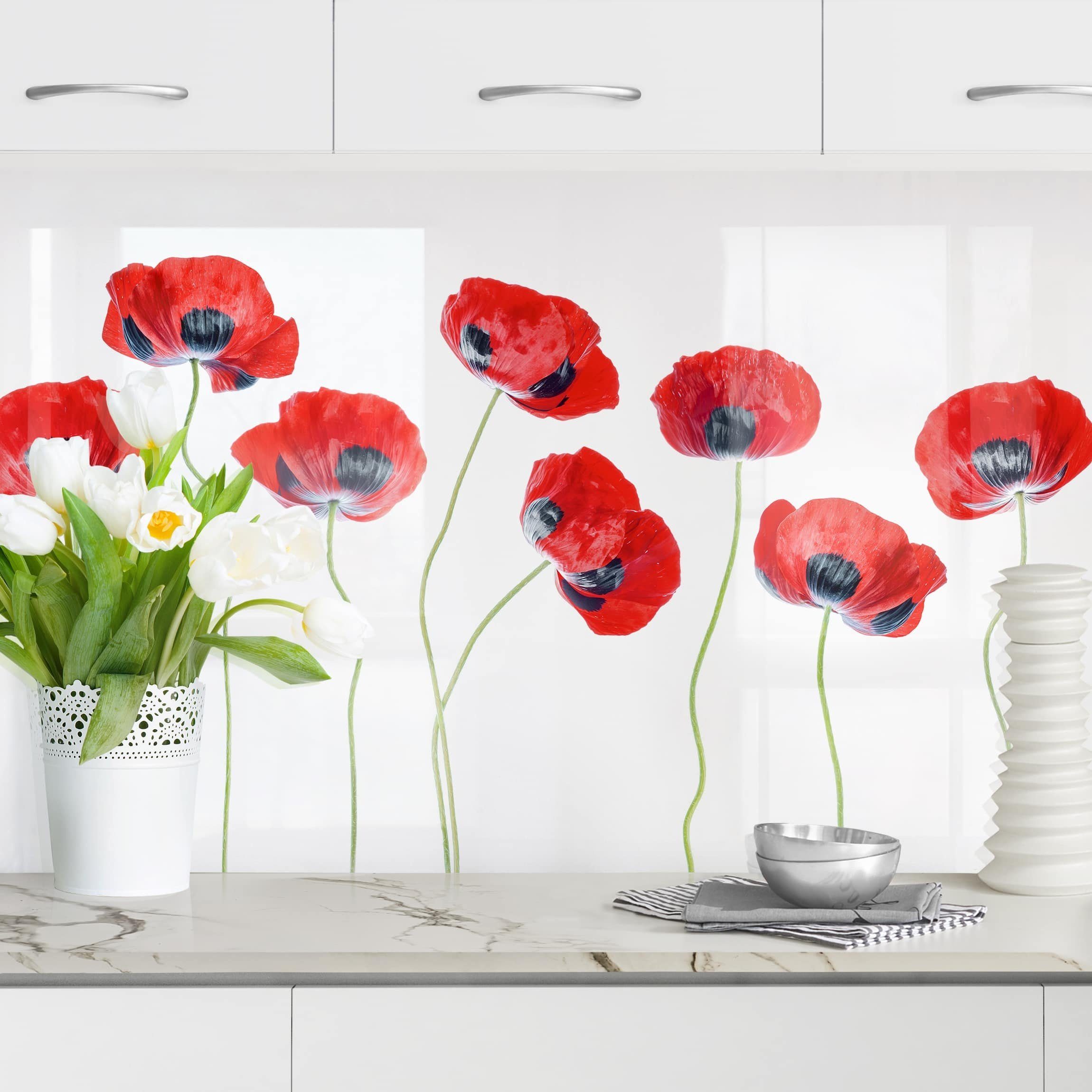 Bilderdepot24 Küchenrückwand weiß dekor Blumen Wandpaneel Küche Marienkäfer Mohnblumen, (1-tlg., Nischenrückwand - für Fliesenspiegel ohne Bohren - matt), Spritzschutz Rückwand Küche Herd - Folie selbstklebend versch. Größen