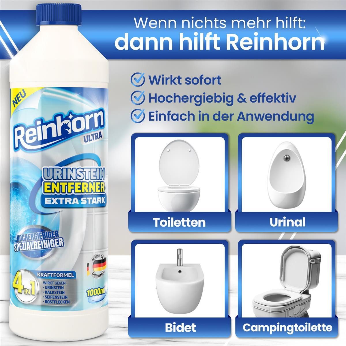 Reinhorn Urinsteinlöser Urinsteinentferner extra stark Profi Kraftformel 4in1 Urinsteinlöser (1000 ml 4in1 Kraftformel, hochergiebiges Powerkonzentrat Made in Germany)