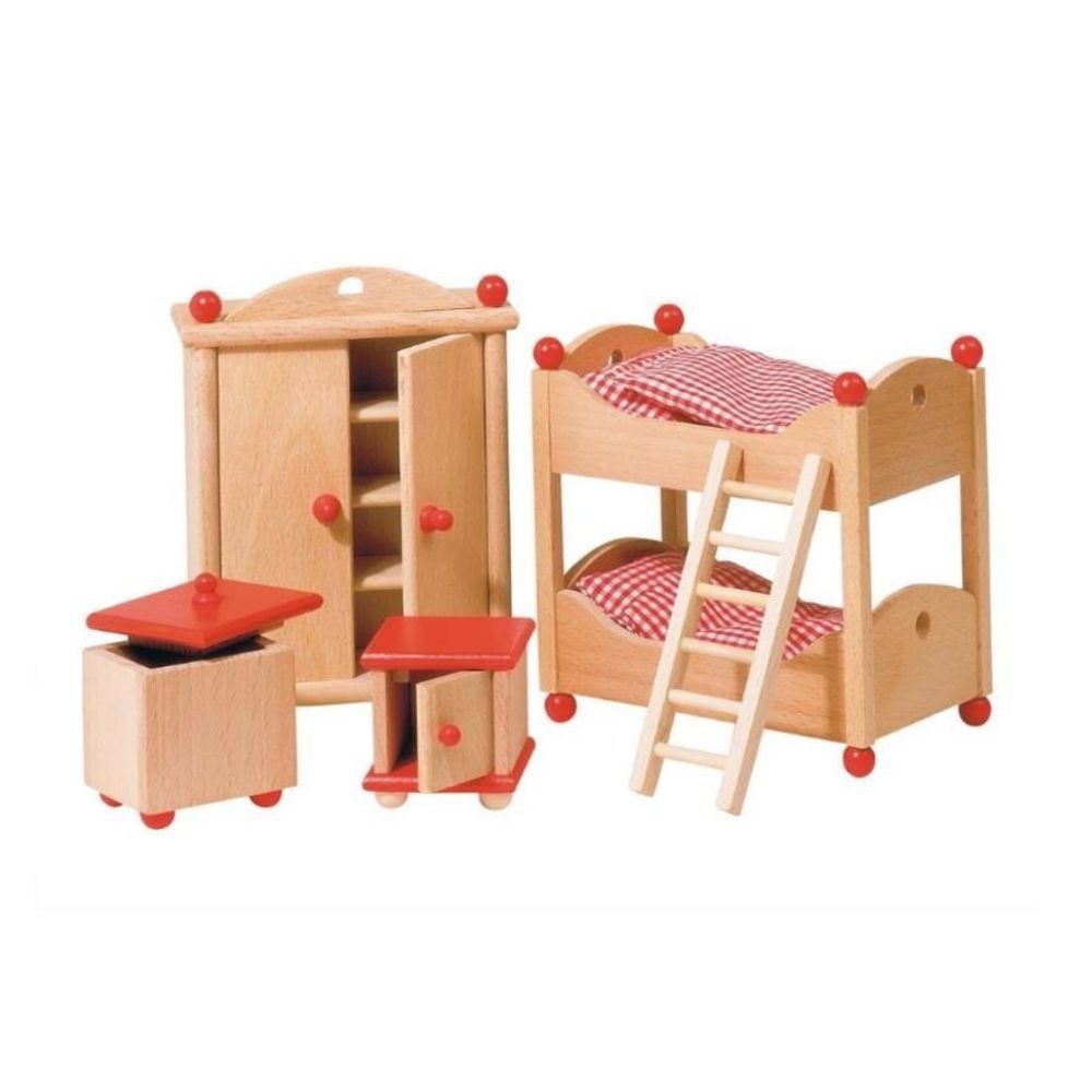 goki Puppenhausmöbel Puppenmöbel Kinderzimmer 51953 aus Buche, 5-teilig (Puppenmöbel-Set, 5-teilige Kinderzimmermöbel aus Buchenholz für Puppenhäuser), Buchenholz, 5-teilig, Kinderzimmermöbel, Puppenhauszubehör