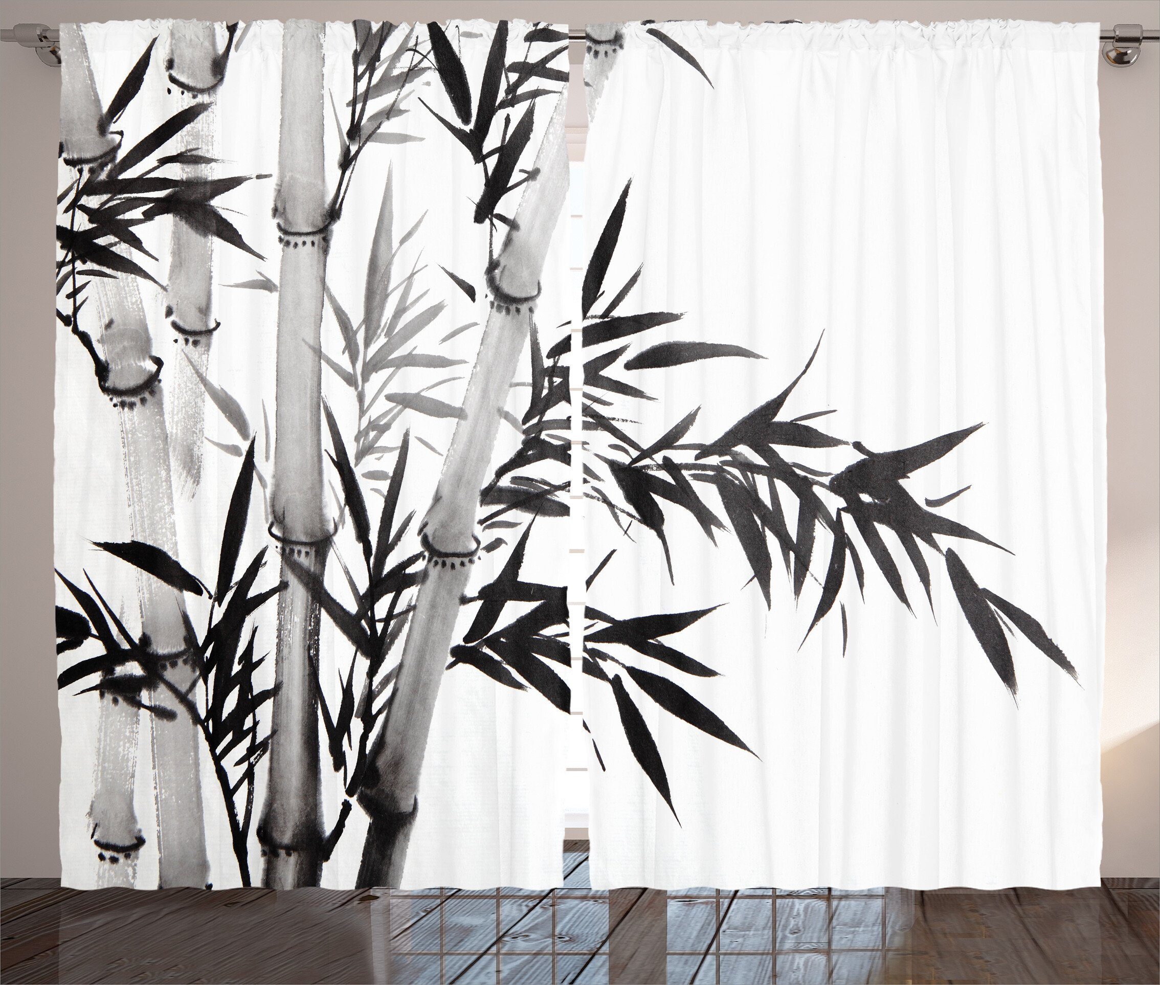 Gardine Schlafzimmer Kräuselband Vorhang mit Schlaufen und Haken, Abakuhaus, Schwarz-Weiss Chinesische Kalligraphie
