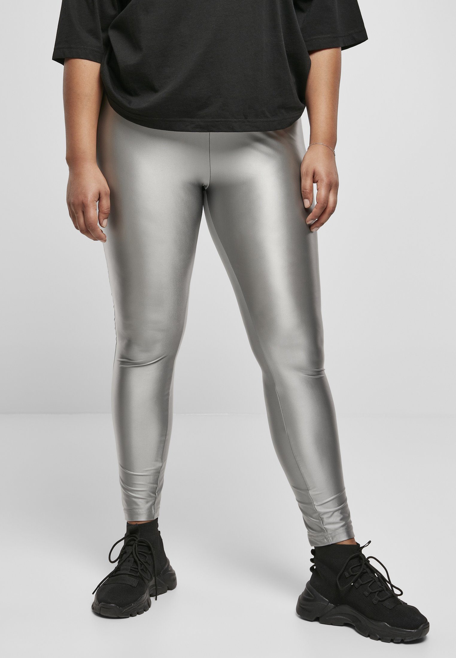 Ganz neu AUS! URBAN CLASSICS Leggings (1-tlg) darksilver Metallic Damen Shiny Highwaist Leggings Ladies