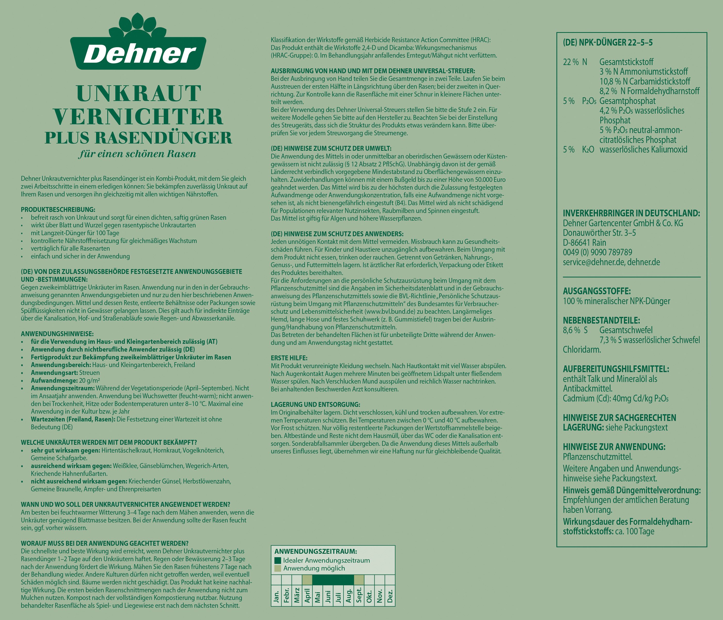 Dehner Rasendünger Unkrautvernichter plus Rasendünger, 5kg oder 8kg, 250 m², Langzeitwirkung bis zu 3 Monate