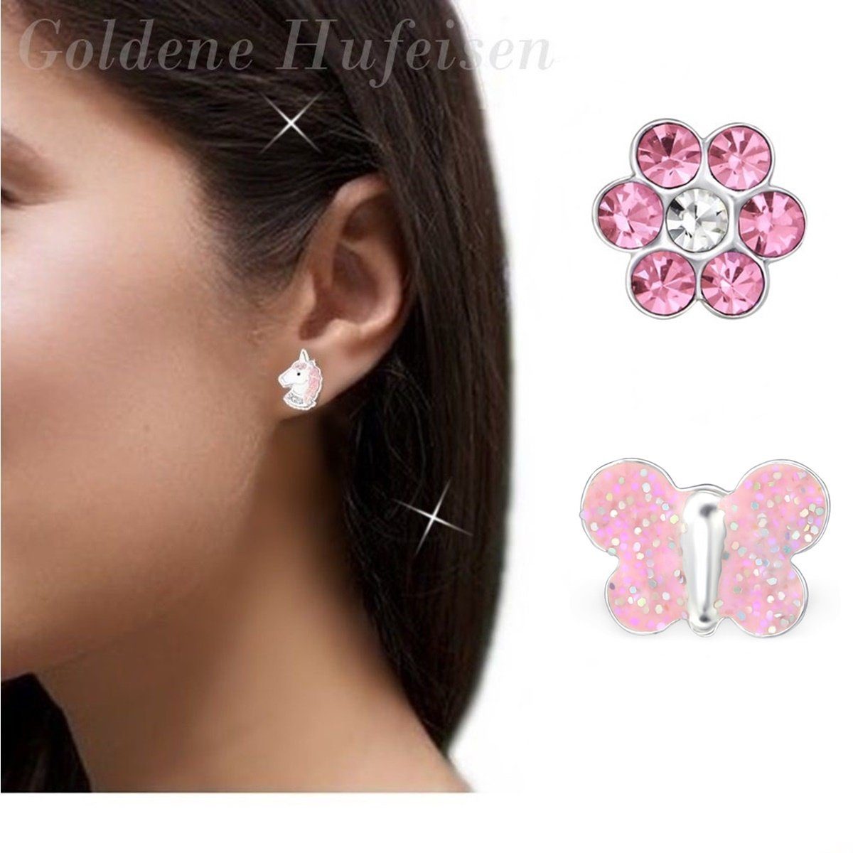Goldene Hufeisen Ohrstecker-Set 3 Paar Set Ohrstecker Einhorn Schmetterling Blume Ohrringe 925 Silber (6-tlg), 925 Silber (Sterlingsilber), Hypoallergen