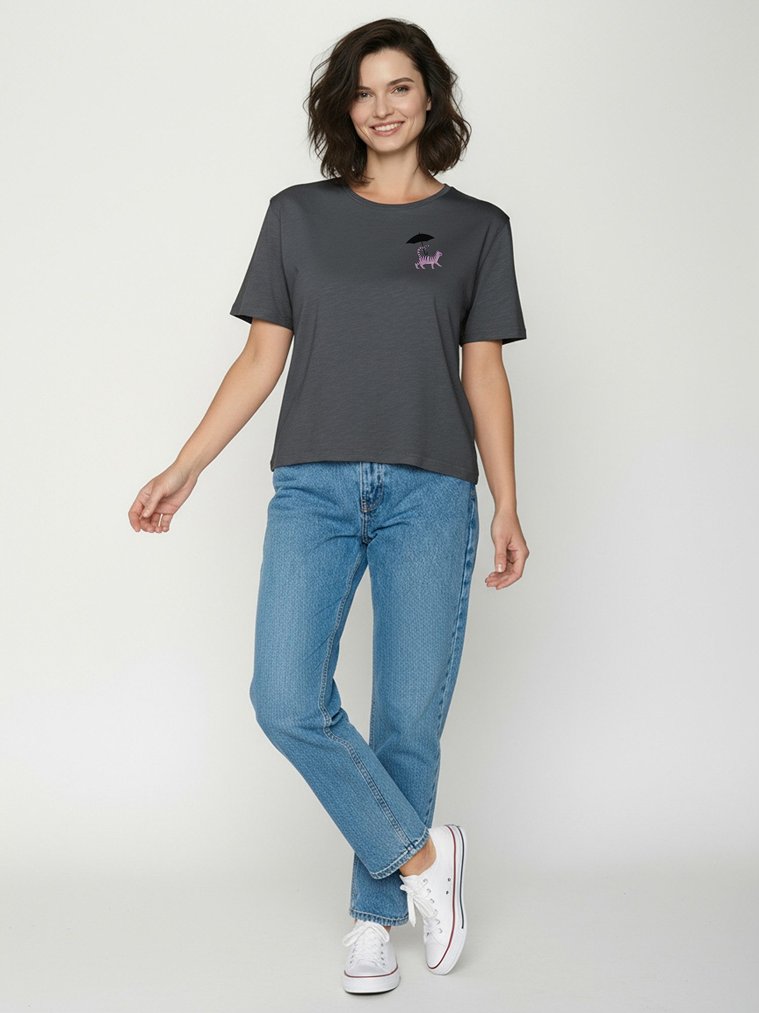 GREENBOMB Bio-Damen-T-Shirt 'Cat Walk' weit geschnitten, gravel, Gr. L – Bild 3 von 5