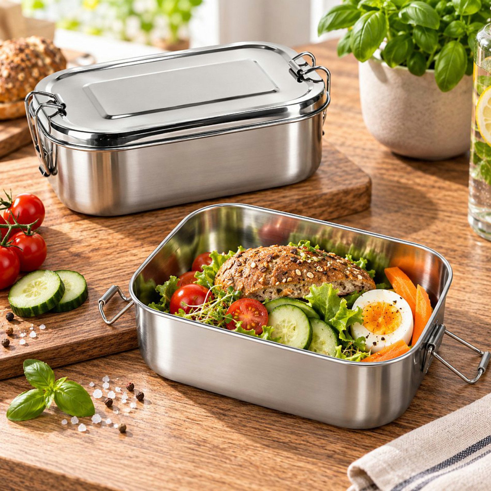 Koopman Lunchbox Brotbox Brotdose 2x1200ml 2er Set, Edelstahl, (Stück, 1-tlg., Packung), 18x13x6,5cm, 2 Verschlussklammern, Edelstahl, Spülmaschinengeeignet