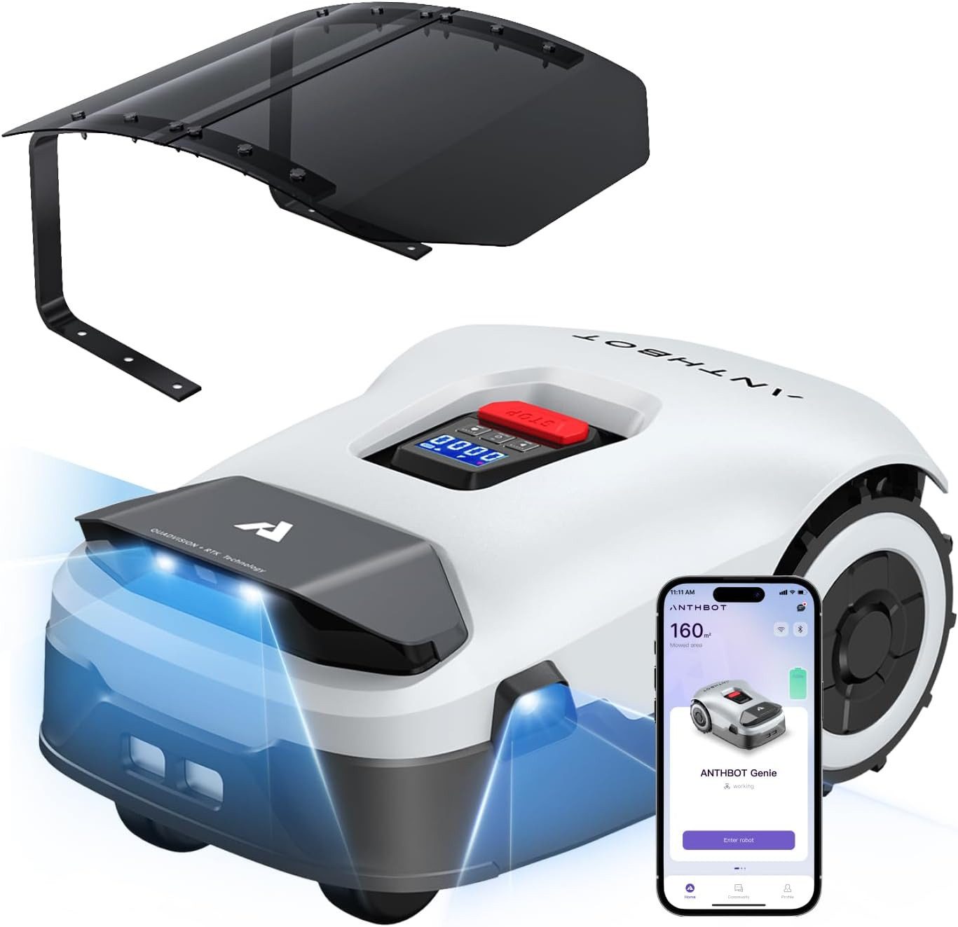 ANTHBOT Rasenmähroboter Genie Serie – Set mit Garage, Max.10000mAh Akku, bis zu 3600m², (Ohne Begrenzungskabel, RTK+4-Kamera Vision, KI-Hindernisvermeidung), Mehrzonen-Management, WiFi/Bluetooth, Cut to Edge