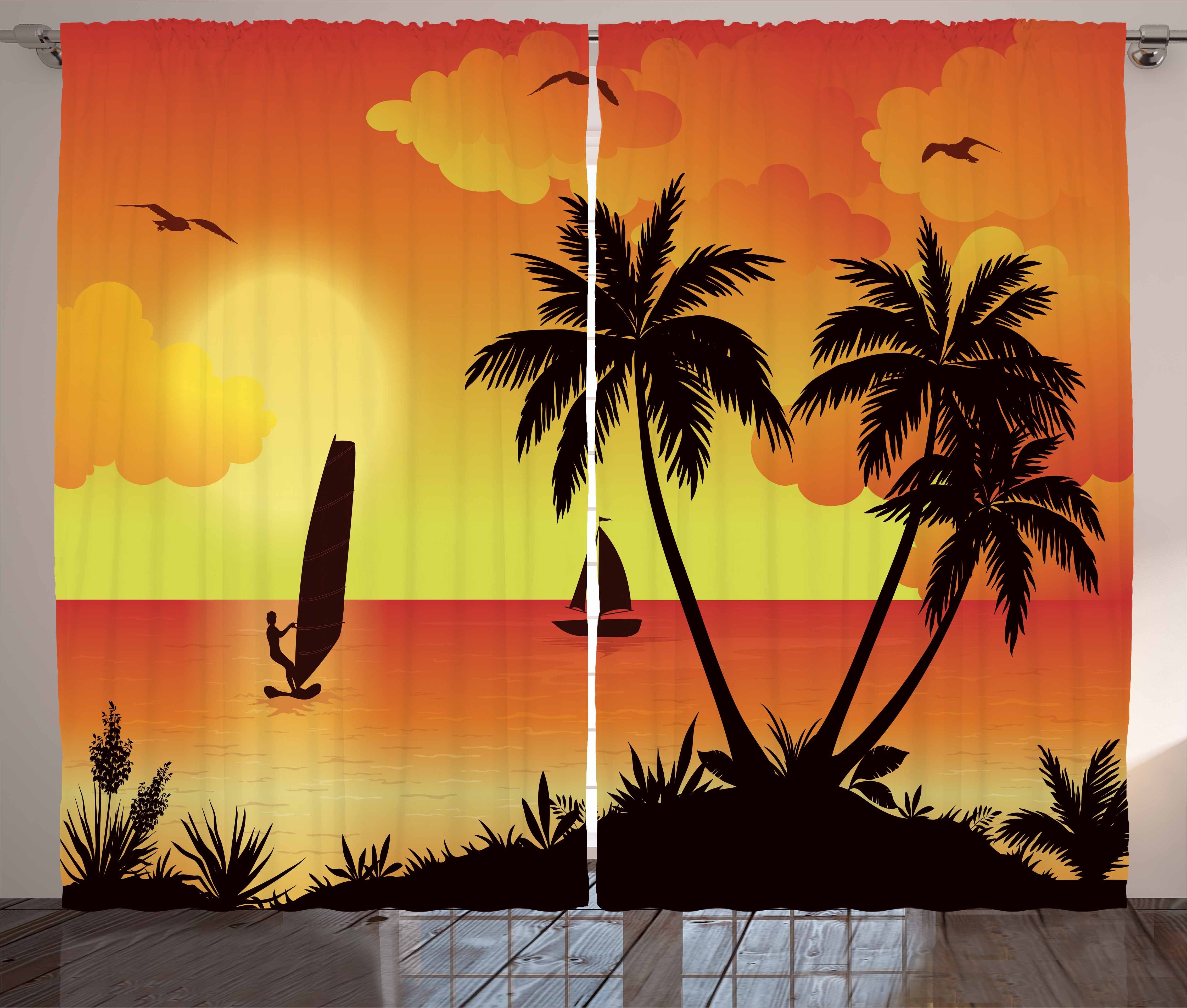 Gardine Schlafzimmer Kräuselband Vorhang mit Schlaufen und Haken, Abakuhaus, Tropisch Kokosnuss-Palmen und Surfer