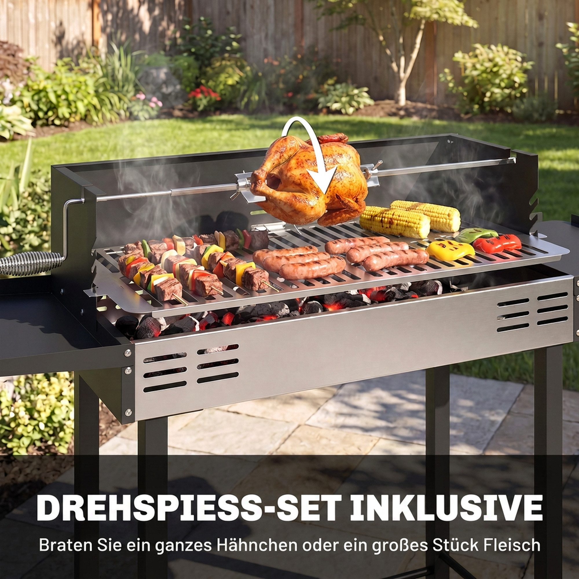 Outsunny Holzkohlegrill Campinggrill klappbar faltbar Garten, Kohlegrill, BBQ Grill, Rostfreier Stahl+Metall Schwarz 118 x 32 x 90 cm – Bild 4 von 5