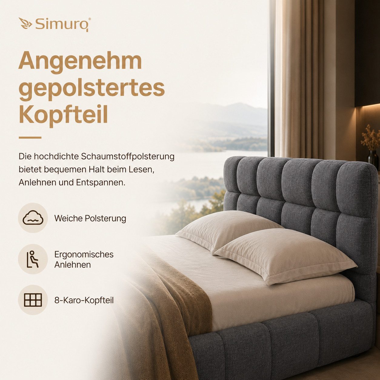 Simurq Polsterbett Doppelbett 140x200 cm, grauer Leinenstoff. (Polsterbett ohne Matratze, Polsterbett ohne Matratze), Matratzenhalterung, 250 kg Tragkraft – Bild 4 von 5