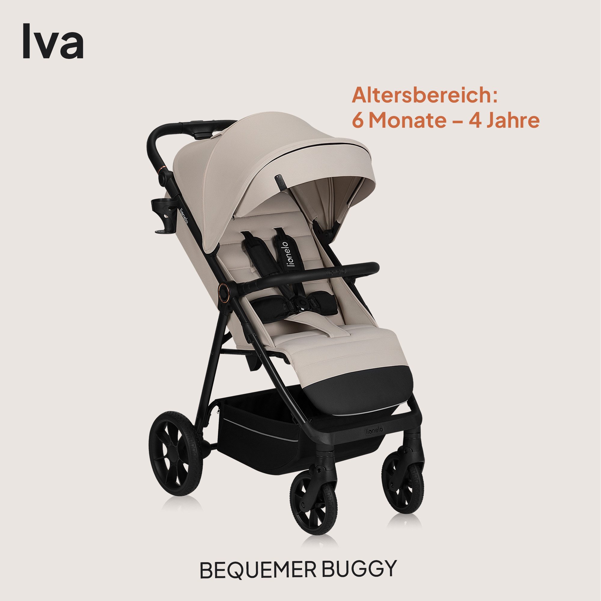 lionelo Kinder-Buggy IVA, (Set mit Moskitonetz und Getränkehalter), PU-Räder mit Profil/UPF50+/Magnetgurt/92 cm Liegefläche