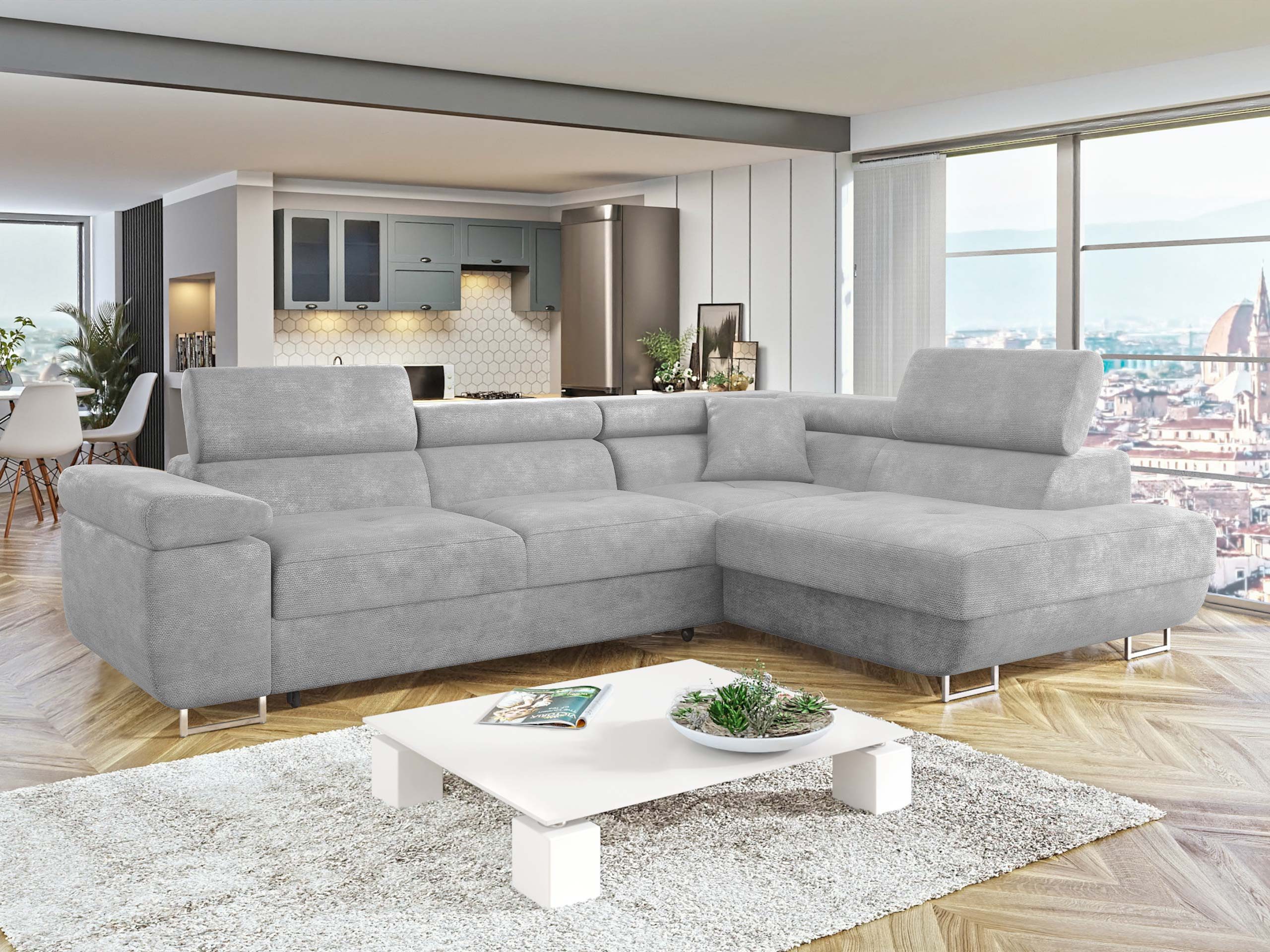 MIRJAN24 Ecksofa Torezio, mit Bettkasten und Schlaffunktion, Einstellbare Kopfstützen, 274x203x70-90 cm
