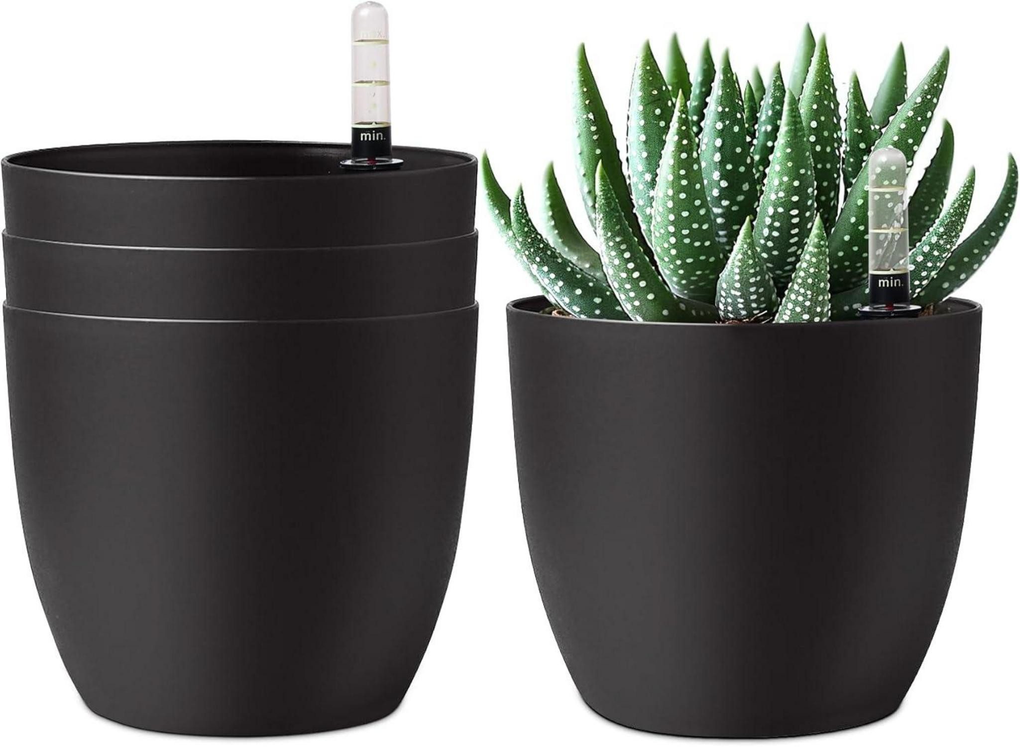 LuxusKollektion Übertopf 15cm Selbstwässernder Blumentopf mit Wasseranzeiger Schwarz 4er-Set