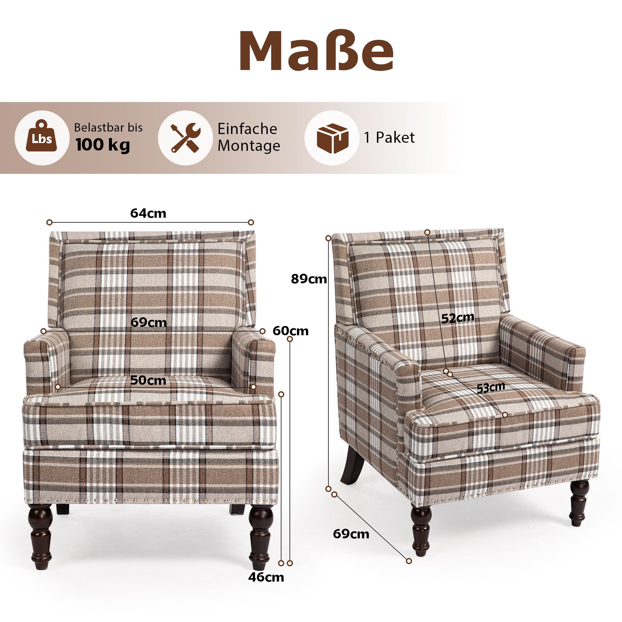 KLAM HOME Loungesessel Retro-Sessel aus blau-weiß gestreiftem Baumwoll-Leinenstoff (Wohnzimmer Sessel mit edler Nagelkopfeinfassung & Massivholzrahmen), Bequemer Polster-Sessel mit Hochdicht-Schaum für stilvolle Innenräume