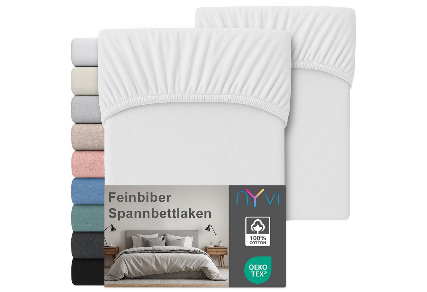 NYVI Spannbettlaken Feinbiber Spannbettlaken Deluxe für Matratzen bis 25 cm Steghöhe, Baumwolle, (2 Stück), 90x200 cm - Extra Warm & Weich 100% Baumwolle Bügelfrei Vorgekrumpft
