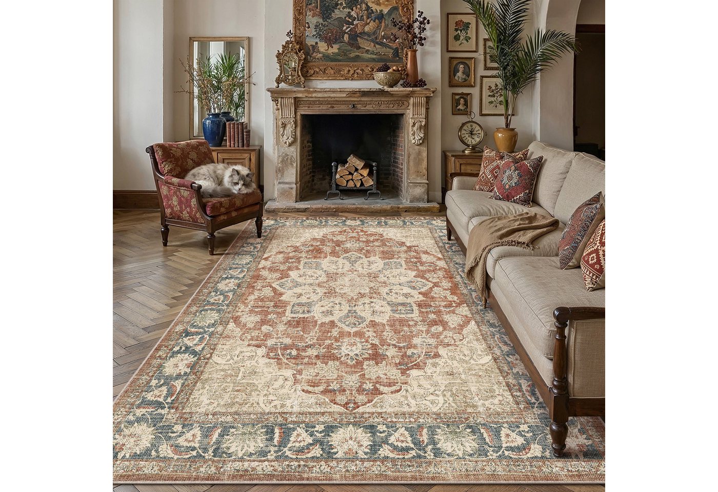 PURECOZY Teppich Kurzflor Perserteppich, waschbar, rutschfest, weich & kuschelig, Rechteckig, Höhe: 5 mm, 120×180, 160×230, 200×300, 300×400 cm, geeignet für diverse Innenräume