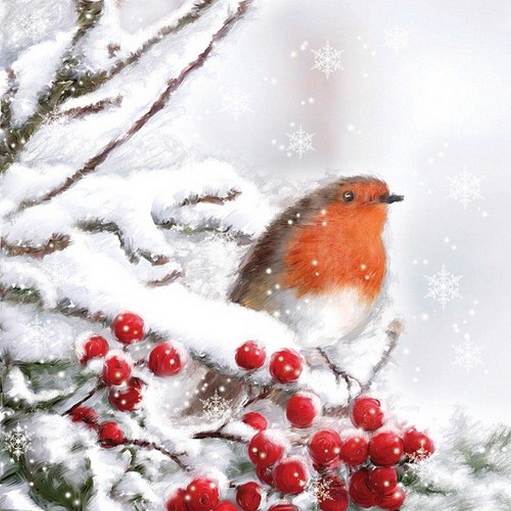 Ambiente Luxury Paper Products Papierserviette 20 Servietten Robin in Snow 33x33cm, (20 St)