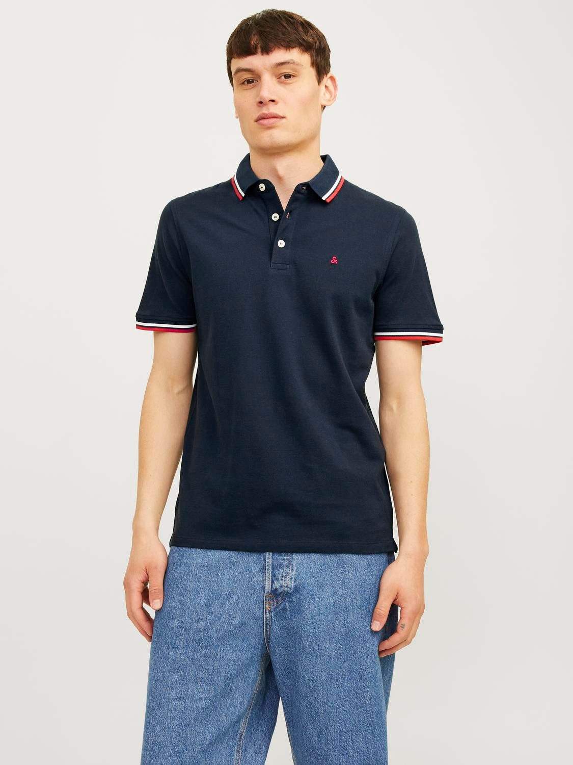 Jack & Jones Poloshirt JJEPAULOS im Doppelpack mit Logostickerei und Komfort (Packung, 2-tlg., 2er-Pack) unifarben mit Farbeinsatz, modisch, schmal, Baumwolle, Polokragen