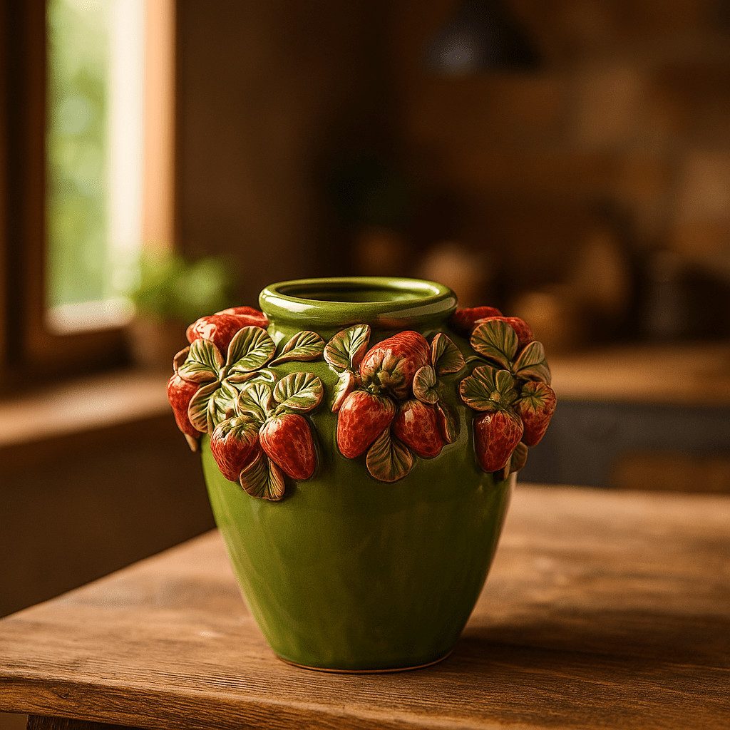 enzo de gasperi Dekovase Grüne Keramikvase mit Erdbeermuster – H 26,5 cm Ø 27 cm - Handarbeit (verschiedene Größen können kombiniert werden)