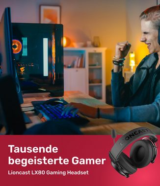 Lioncast LX80 WIRELESS GAMING HEADSET Gaming-Headset (Kabellos, Bluetooth, 80 Stunden Akku, Soundqualität)