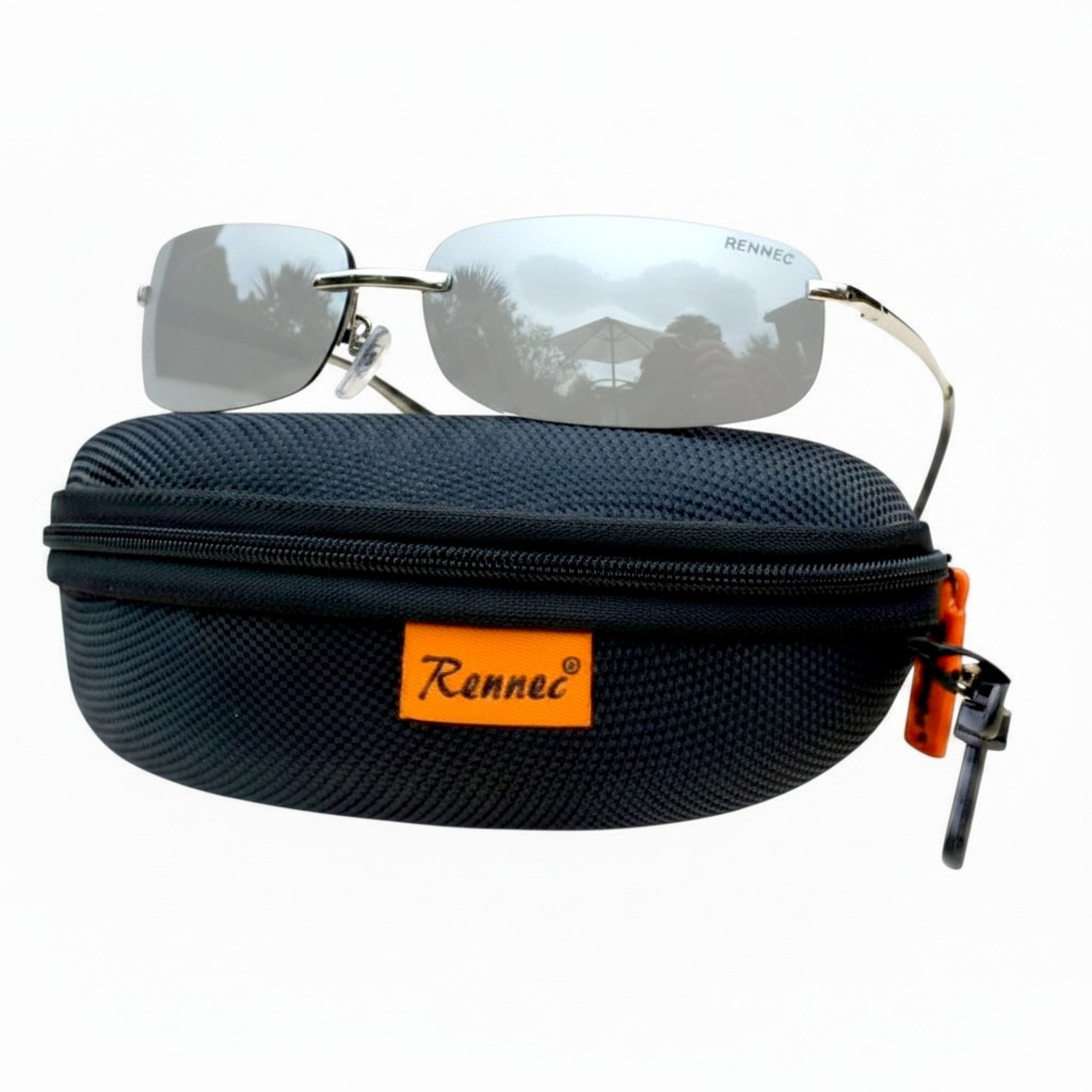 Rennec Sonnenbrille Schmal Rechteckig Klein Damen Herren Brille mit Hardcase (Leichtes Edelstahl Gestell mit Federscharniere) Gläser UV400 Getönt oder Verspiegelt