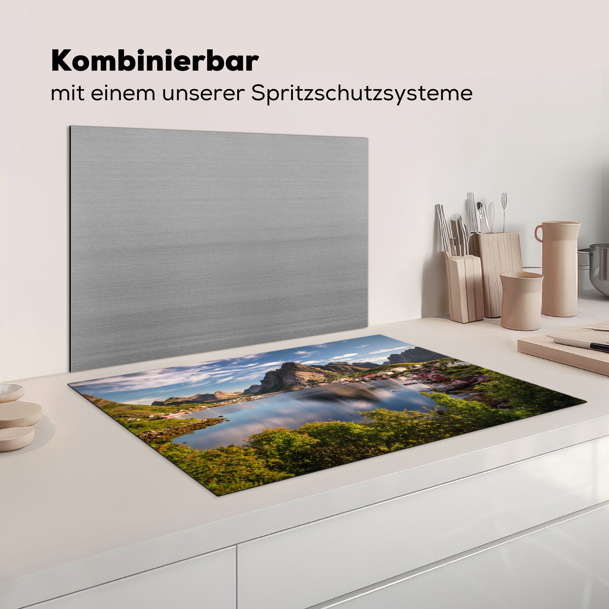 küche, Induktionskochfeld Bergsee, Dorf (1 Herdblende-/Abdeckplatte Ceranfeldabdeckung Schutz Vinyl, 81x52 cm, die am für tlg), MuchoWow