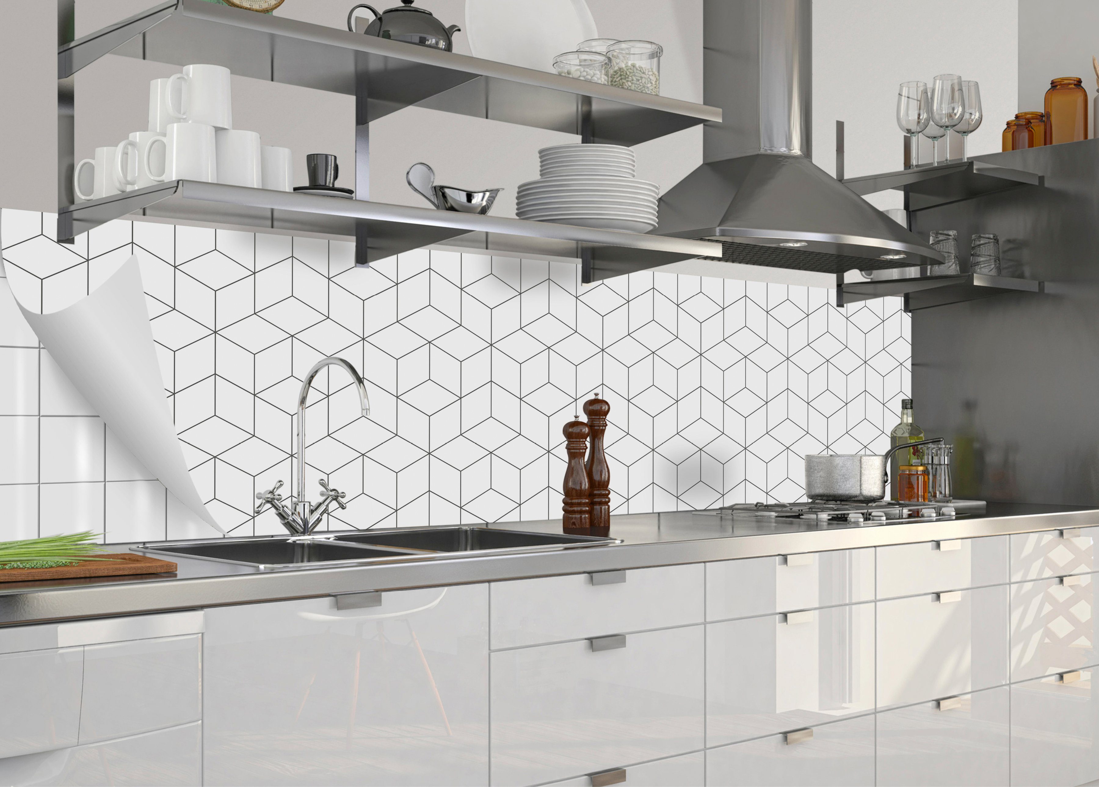 Küchenrückwand-Folie und MySpotti flexible fixy Hexagon, selbstklebende Küchenrückwand