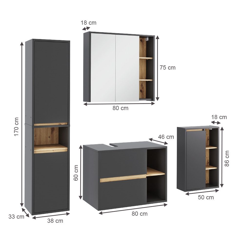 Vicco Badmöbel-Set Viola, Grau/Artisan, 4 Teile, günstig online kaufen