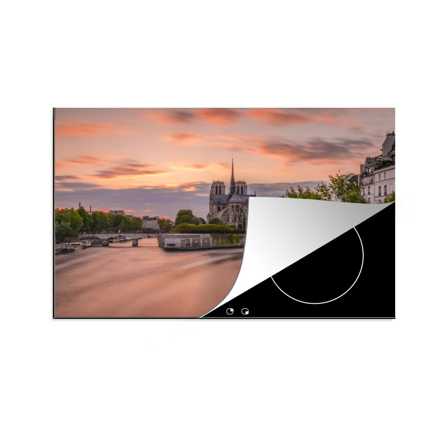 MuchoWow Herdblende-/Abdeckplatte Sonnenuntergang hinter Notre Dame in Paris, Vinyl, (1 tlg), 81x52 cm, Induktionskochfeld Schutz für die küche, Ceranfeldabdeckung