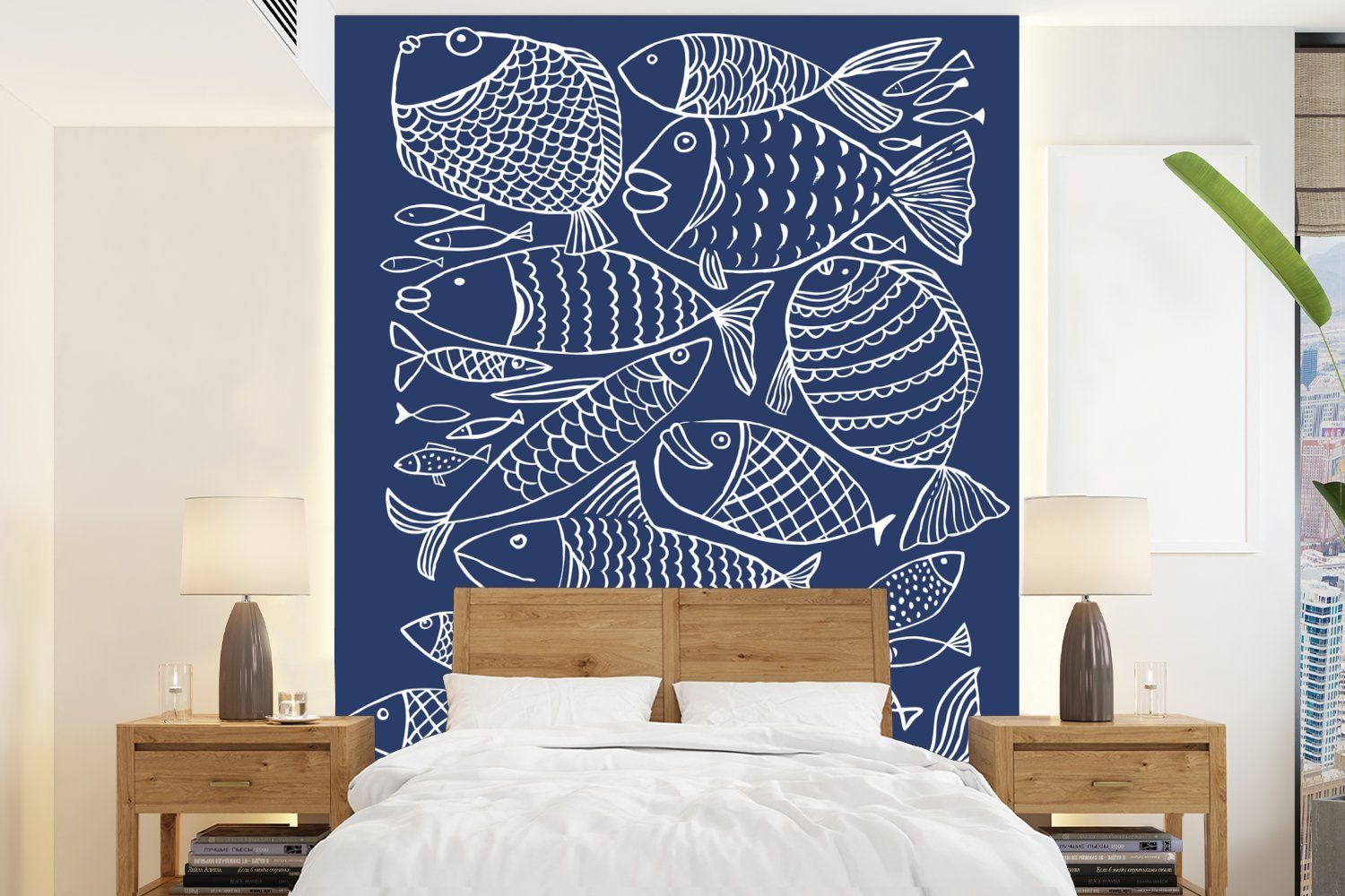 MuchoWow Fototapete Illustration eines Fisches auf einem dunkelblauen Hintergrund, Matt, bedruckt, (4 St), Montagefertig Vinyl Tapete für Wohnzimmer, Wandtapete