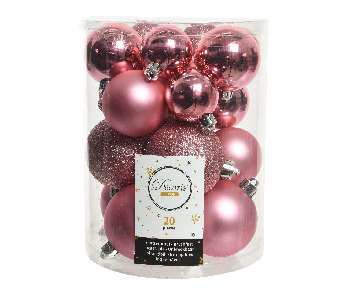 Decoris season decorations Weihnachtsbaumkugel, Weihnachtskugeln - 20er 4-6cm Kunststoff Lippenstiftrosa Set Mix