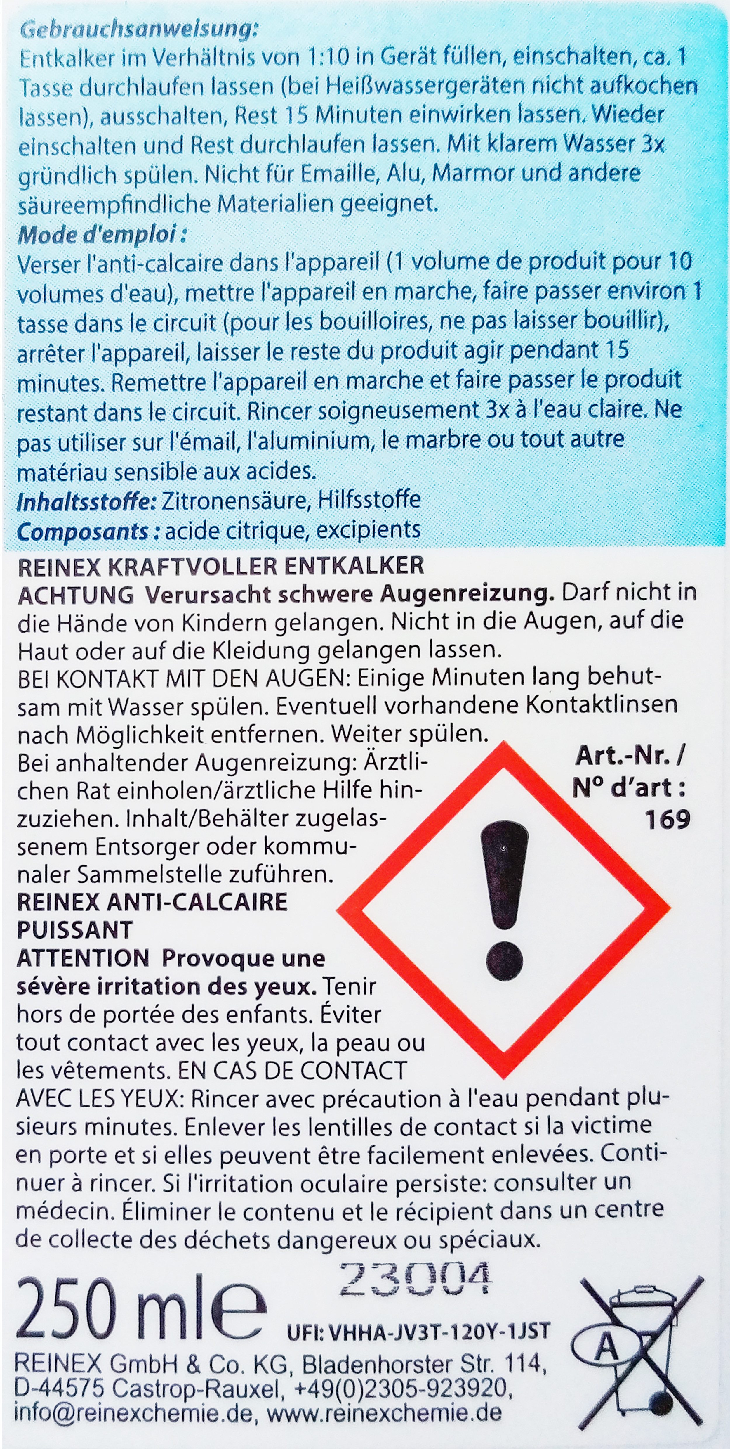 Reinex ENTKALKER 250ml kraftvoll für Kaffemaschine Kalklöser Kalkentferner 96 Flüssigentkalker (1-St. Schnellentkalker Antikalk Reiniger Kalk Kaffeevollautomaten)