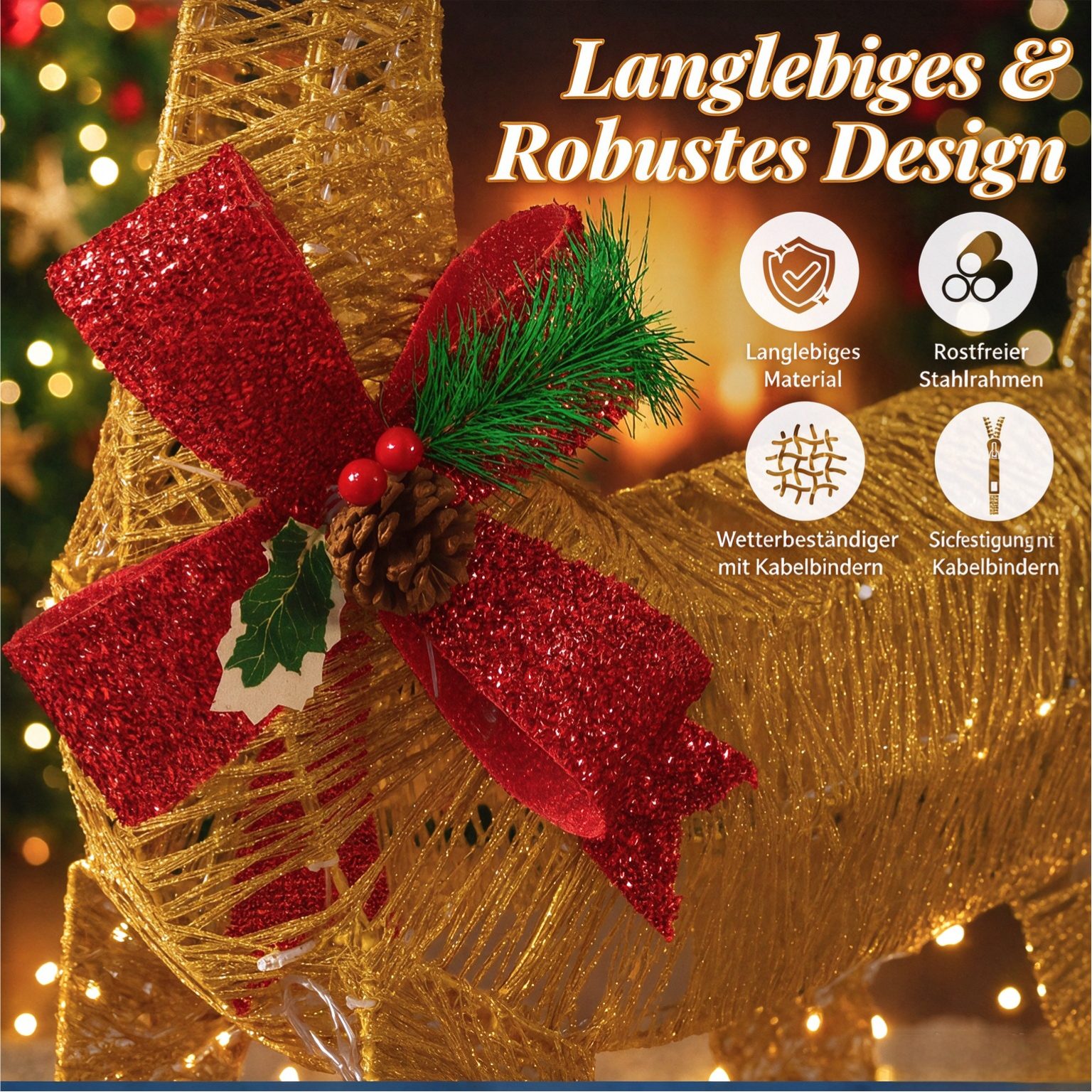 VINGLI LED-Dekofigur Leuchtendes Weihnachtsdeko, 3-teiliges Rentier-Familien-Set, Rentier mit Schlitten, 180 Warmweißen LED-Lichtern, Wetterfest, 120 cm – Bild 3 von 5