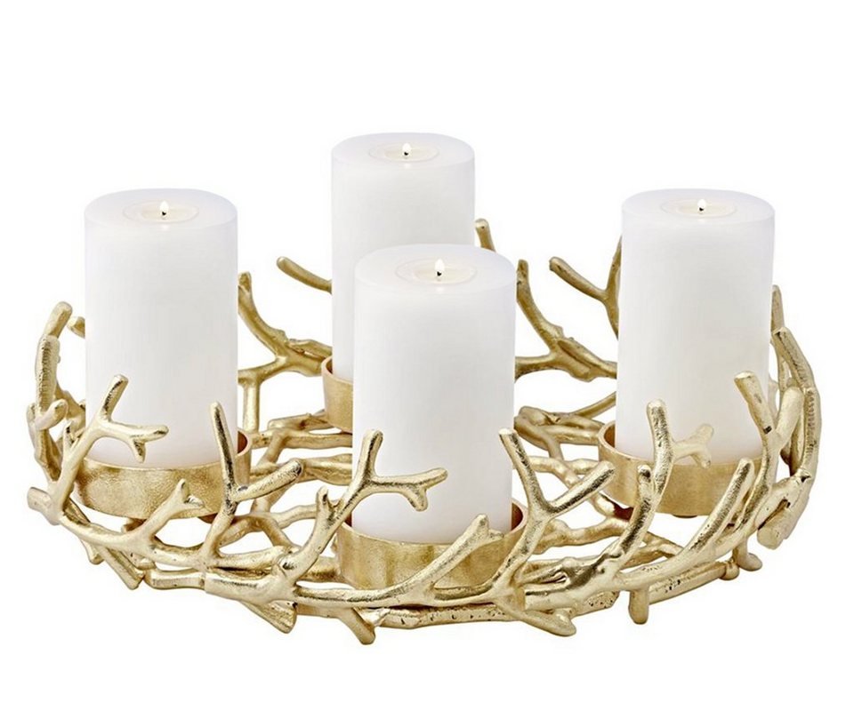 EDZARD Adventskranz Porus, (42 cm) Kerzenhalter für Stumpenkerzen,  Adventsleuchter als Weihnachtsdeko für 4 Kerzen á Ø 8 cm, Kerzenkranz als  Tischdeko mit Gold-Optik, vernickelt, Dazu empfehlen wir die Teelichthalter  Cornelius von EDZARD