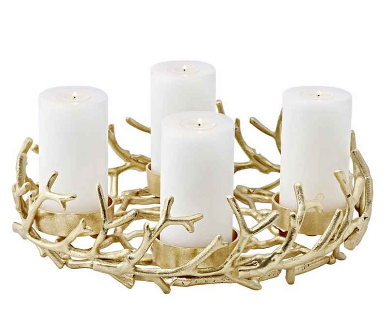EDZARD Adventskranz Porus, (42 cm) Kerzenhalter für Stumpenkerzen, Adventsleuchter als Weihnachtsdeko für 4 Kerzen á Ø 8 cm, Kerzenkranz als Tischdeko mit Gold-Optik, vernickelt