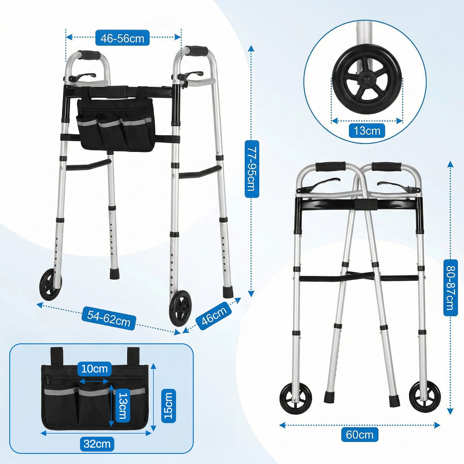 TLGREEN Rollator Zweirad-Rollator mit Aufbewahrungstasche, PVC-Rollen,Belastbarkeit 135 kg,Indoor & Outdoor