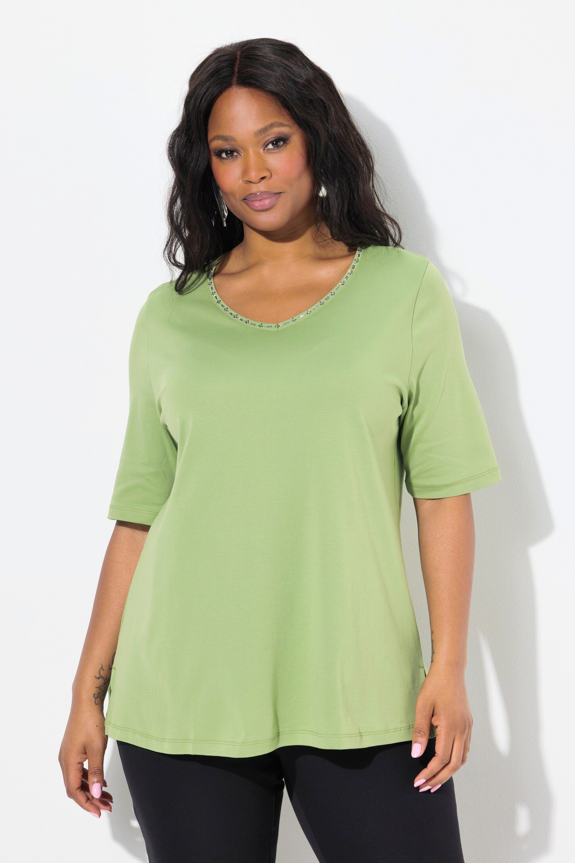 Ulla Popken T-Shirt T-Shirt A-Linie V-Ausschnitt Halbarm Pima Cotton günstig online kaufen