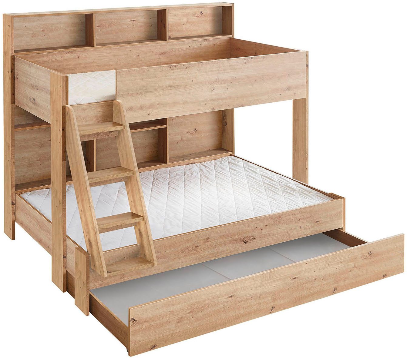 Relita Etagenbett viel Stauraum, pflegeleichte Melamin Oberfläche, 3 Farben zur Wahl (viele Regalfächer an der Bettrückseite, inkl. Schublade auf Rollen), viel Stauraum, pflegeleichte Melamin Oberfläche, 3 Farben zur Wahl