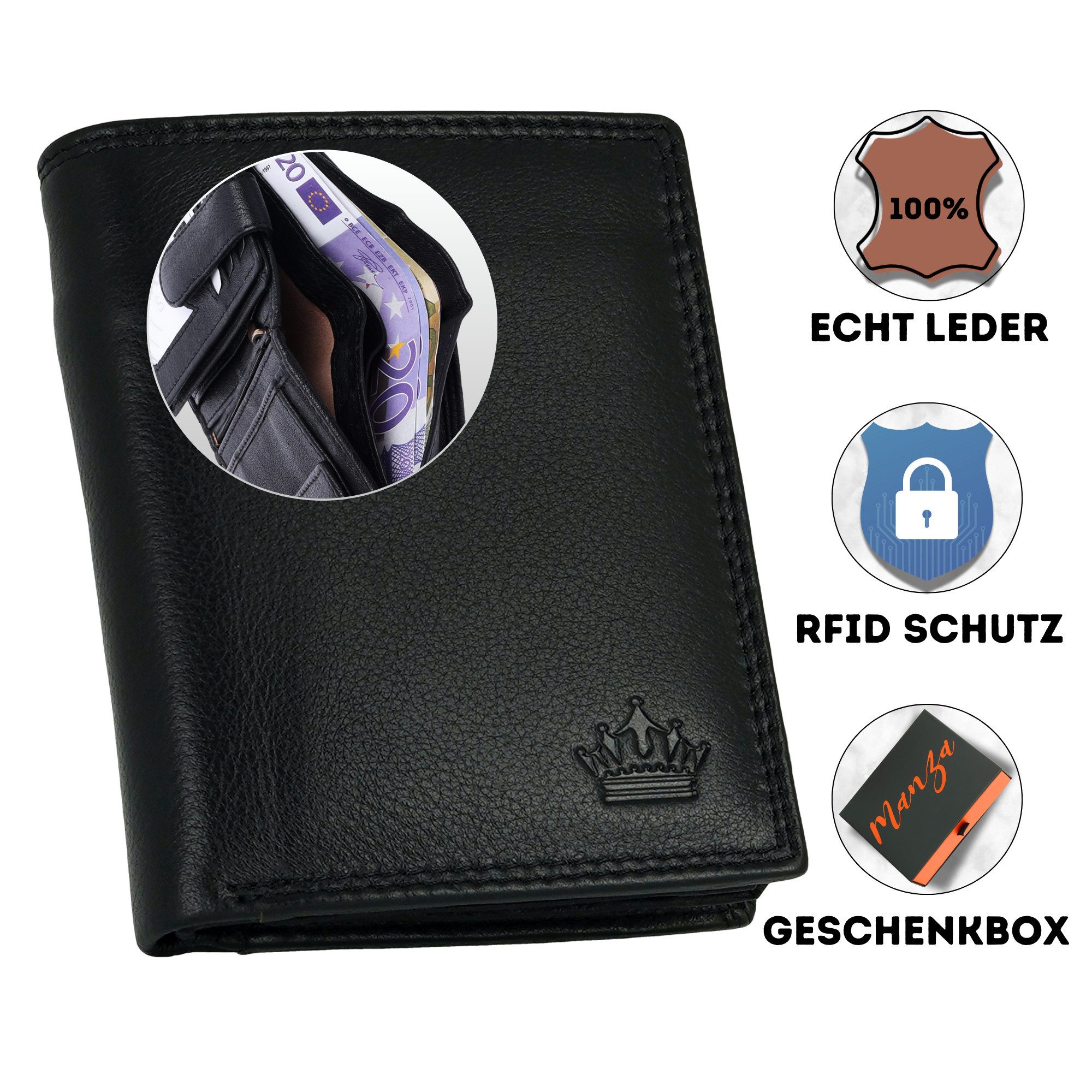Manza Geldbörse Geldbörse Herren Schwarz mit RFID, Geheimfach und Geschenkbox, Geschenkbox, Geheimfach und RFID Blocker, Hochwertiges Nappa Leder