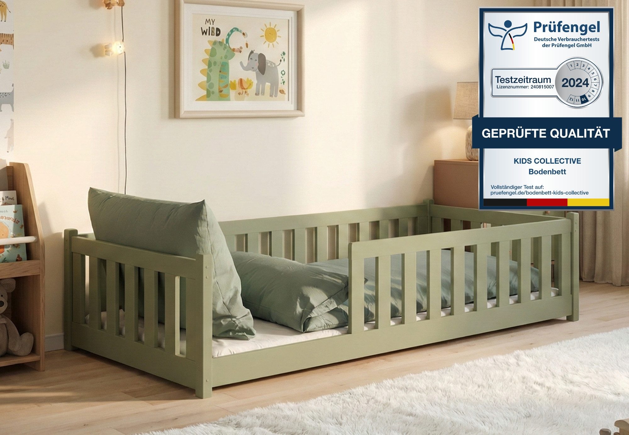 Kids Collective Kinderbett Bodenbett Bett mit Rausfallschutz & Lattenrost Montessori Bett Kinder (Jungen, Mädchen, Kinder, weitere Größen 80x180, 90x190, 90x200, 120x200, 140x200 cm), Jugendbett Gitterbett Einzelbett mit Matratze, Olivgrün 80x160 cm