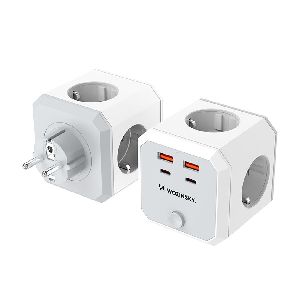 Wozinsky Steckdosenwürfel Steckdosenverteiler Ladestation Mehrfachsteckdose 4-fach (Ein-/Ausschalter, USB-C-Anschluss, USB-A-Anschluss, Kontrollleuchte), 4 Steckdosen, 4x USB, 20 W PD, Schalter