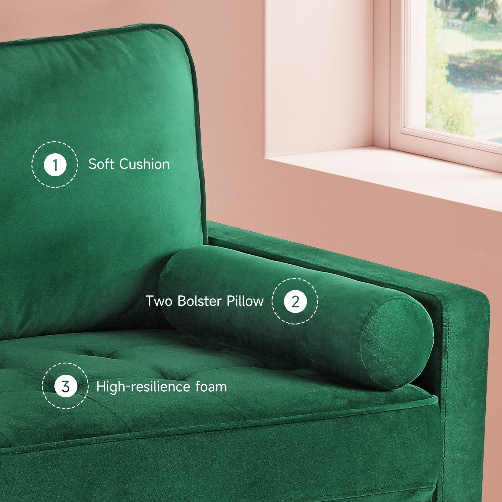 OUNUO Sofa 121cm Kleines Loveseat Sofa Couch aus Samt und Leinen mit 2 Zierkissen