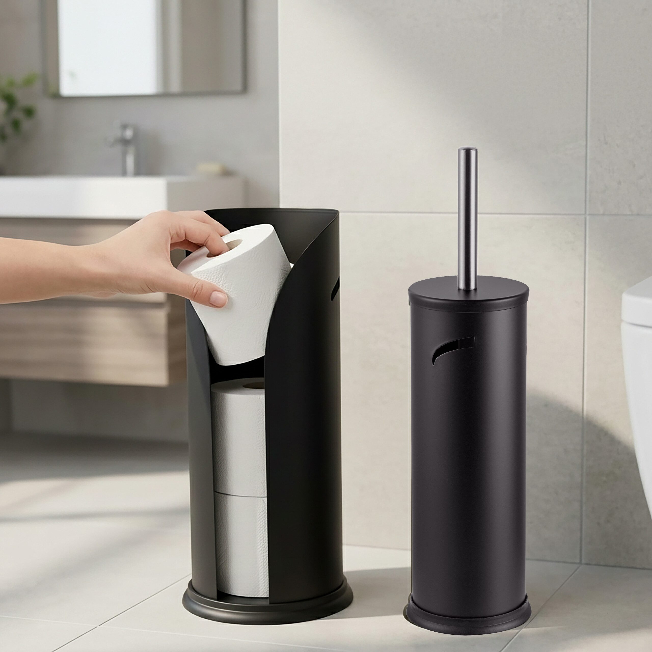 relaxdays WC-Garnitur Badezimmer Set Rollenhalter & WC-Bürste, Alle handelsüblichen Klopapierrollen, (2-tlg), schwarz – Bild 5 von 5