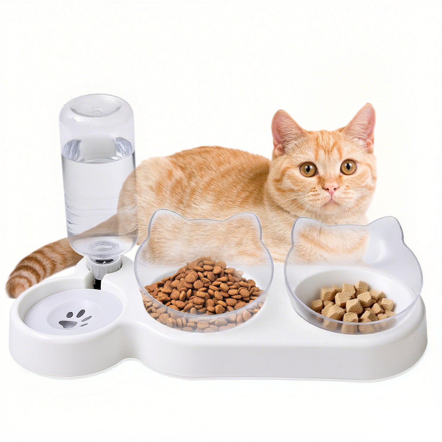 SURFOU Napf-Set 3-in-1 Katze Futternapf und Wassernapf Katzennapf mit Wasserspender, Ständer Erhöhter Futternapf für Katzen Doppelfressnapf Futterschüssel
