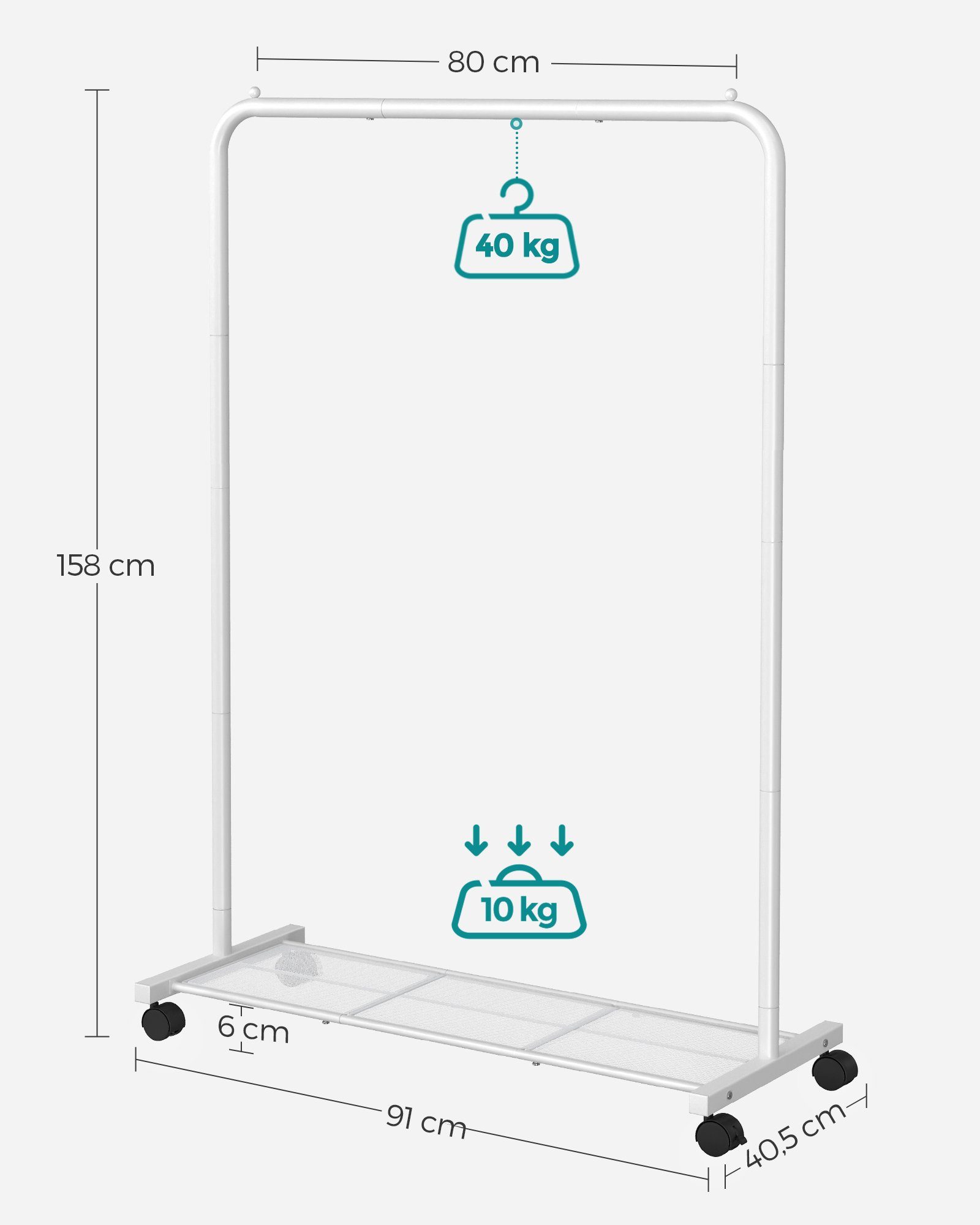 mit Kleiderständer, Ablage auf bis kg belastbar, 40 weiß SONGMICS Rollen,