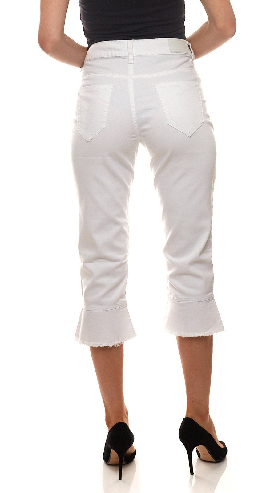 ausgefranstem Vision WOMAN WOMAN modische Damen Stoff-Hose Volant Caprihose Freizeit-Hose Fitness CLAIRE mit Capri-Jeans CLAIRE Weiß