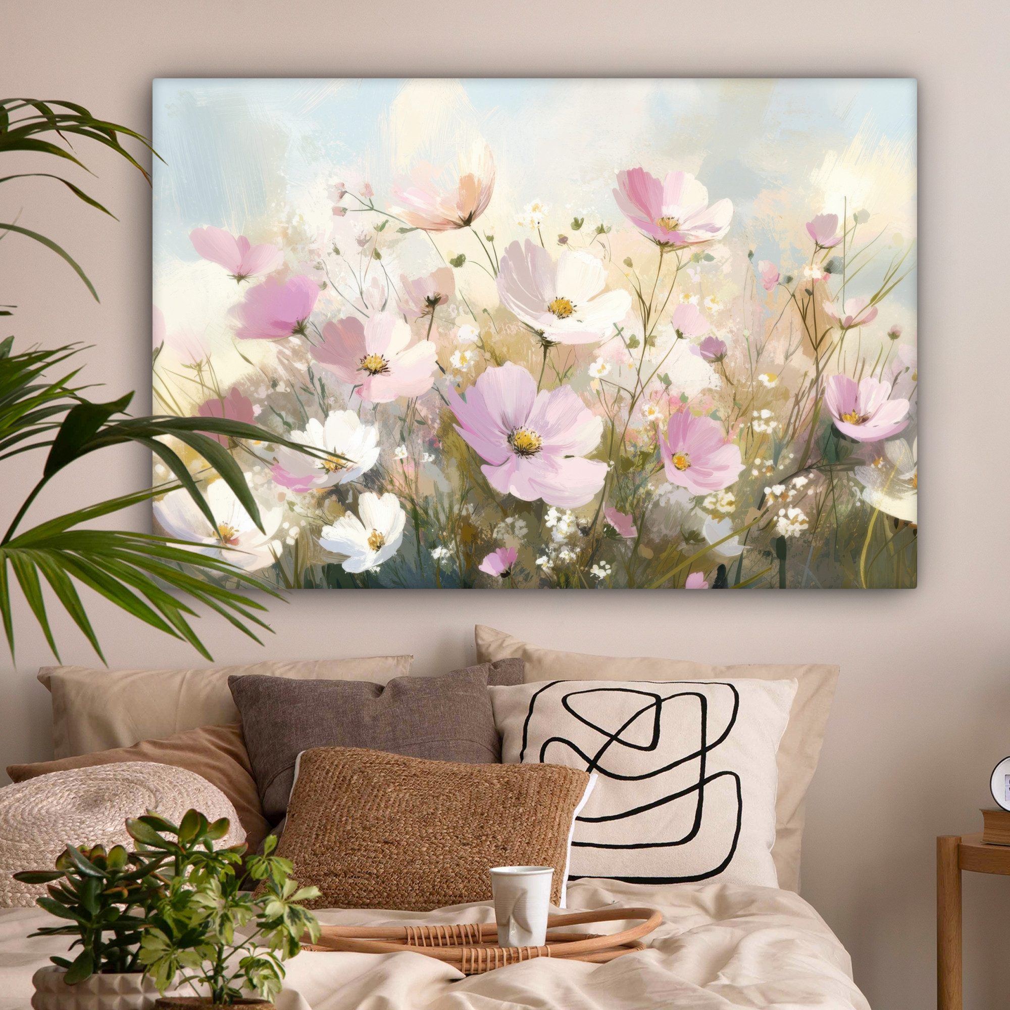 OneMillionCanvasses® Leinwandbild Blumenfeld - Helle Farbtöne - Gemalt, Fotodruck (1 St), Wandbild XXL für Wohnzimmer Küche 120x80 cm
