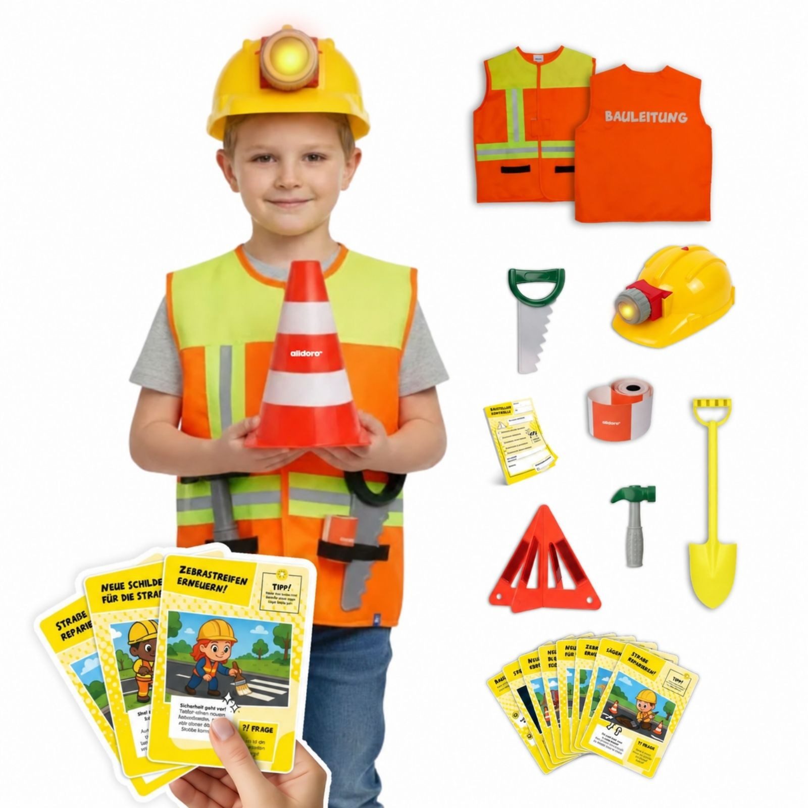 alldoro Spielzeug-Schutzweste Bauleitung Rollenspiel & Lernset, Bauleiter-Kostüm inkl. 4 Pylonen, für Kinder 3-6 Jahre, Verkleidung mit Weste, Helm, Zubehör & 8 Karten